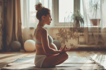 Pregnant woman engage in yoga practice at home, surrounded by greenery and bathed in natural light - obrazy, fototapety, plakaty