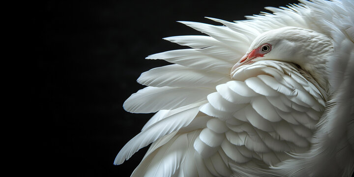 A white pigeon with intricate feather details stands out against a dark background