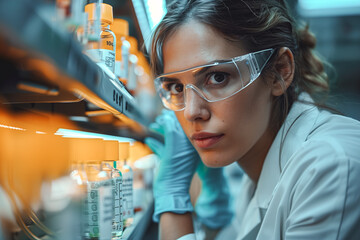 Female Scientist in Lab Coat and Goggles Observing Experiment - obrazy, fototapety, plakaty