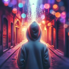 A boy with his back turned walks down a city alley wearing a hood - obrazy, fototapety, plakaty