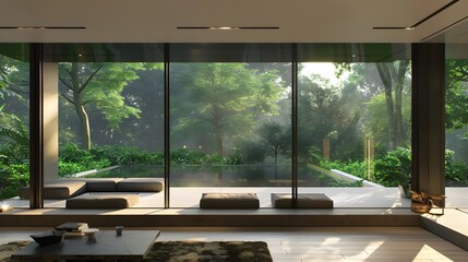 A sleek, minimalist living room with floor-to-ceiling windows offering a panoramic view of a lush, green garden. The windows have ultra-thin frames for an almost invisible look, blending the indoor 