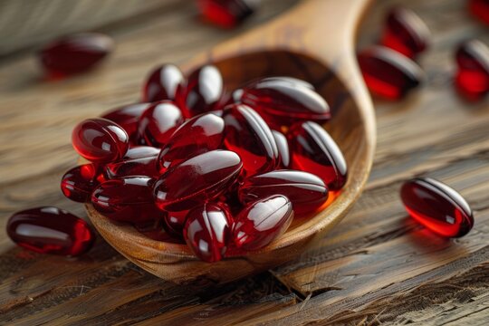 Close up of red krill oil gelatin capsules in a scoop with omega fatty acids