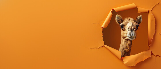 A visually striking composition showcasing a camel's amusing face peeking out of a burnt orange...