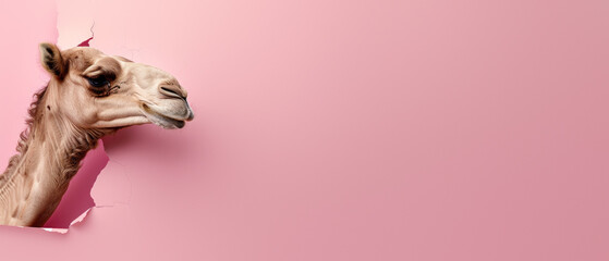 A quirky image featuring a camel's head peeking playfully through a torn pink paper background