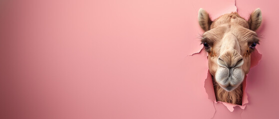 A creative shot showing a camel's face curiously coming through a ripped pink paper backdrop