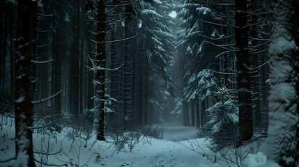 A snowy, dark forest scene, with heavy snow blanketing the ground and clinging to the branches of towering, silent trees, in the dead of winter. - obrazy, fototapety, plakaty