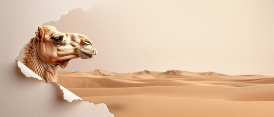 An imaginative concept of a camel peeking through torn paper revealing a backdrop of a vast desert behind it