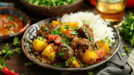 Traditional pakistani beef curry with rice - obrazy, fototapety, plakaty