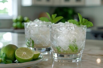 Close up of two mint julep glasses with ice cubes and fresh limes on a table - obrazy, fototapety, plakaty