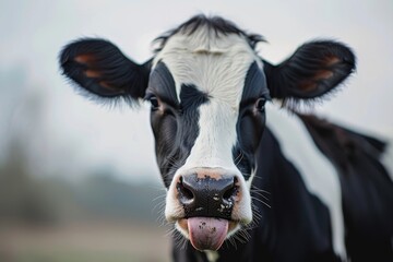 Close up photo of a cow licking its lips in black and white