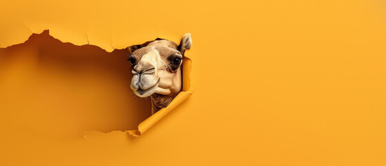 This image captures a camel's mischievous moment as it tears through a vibrant orange paper wall - obrazy, fototapety, plakaty