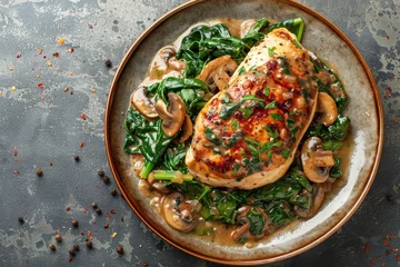 Fototapeten Close up top view of stewed chicken breast with wild mushroom sauce and spinach on table © The Big L