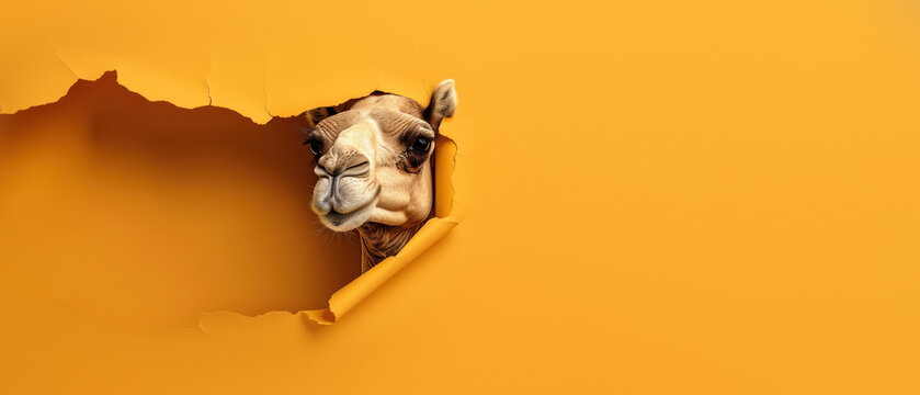 This image captures a camel's mischievous moment as it tears through a vibrant orange paper wall