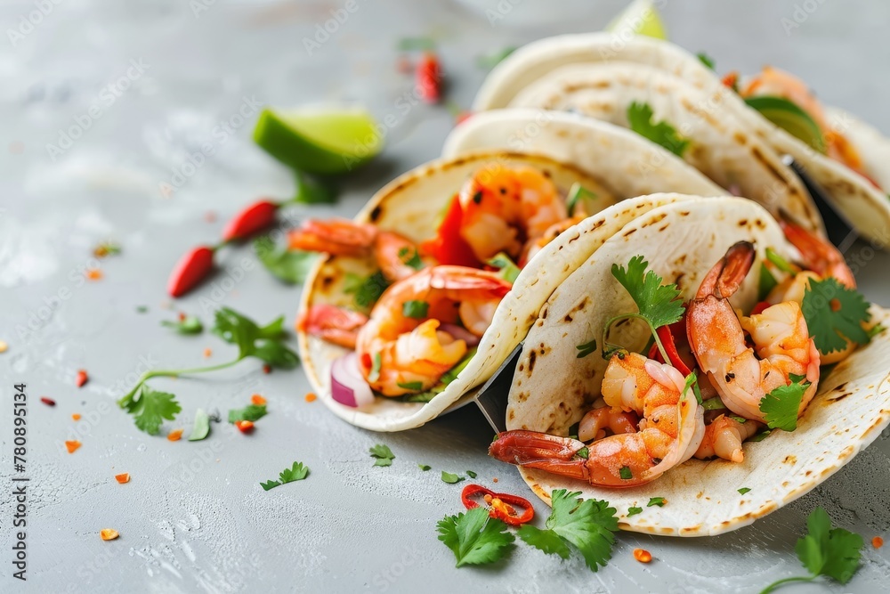 Poster closeup of tasty shrimp and lime tacos on light grey surface