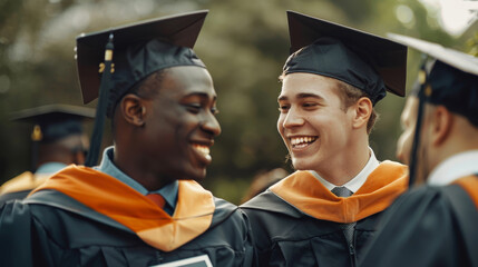 Group of students wearing their caps and gowns at college graduation