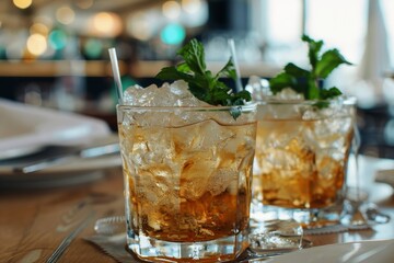 Closeup of two mint julep glasses with crushed ice on a table - obrazy, fototapety, plakaty