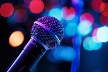 Colorful bokeh stage with microphone high contrast