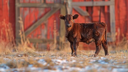   A brown cow stands atop a dry grass-covered field Nearby, a red barn and a wooden fence are situated - obrazy, fototapety, plakaty