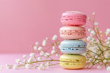 Colorful macarons or macaroons and gypsophila flowers make a sweet dessert