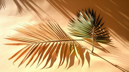 A palm tree with tropical leaves on a beige background with a place to copy text, sunlight on green tropical leaves and shadows. The concept of recreation, tourism and sea travel.