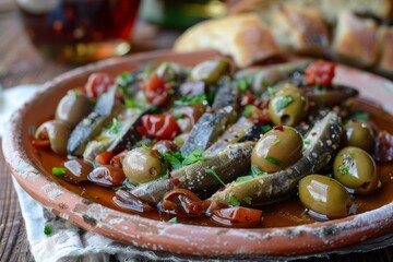 Common Spanish starter of olives and anchovies - obrazy, fototapety, plakaty