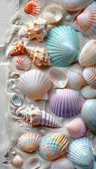 Colorful seashell collection on sandy beach, 3d render