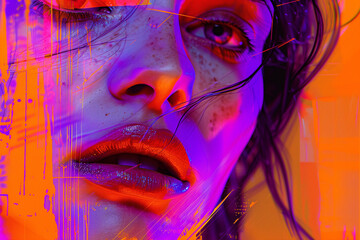 Abstract woman portrait with light violet and orange, conceptual digital art, fluorescent colors.
