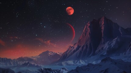 Illustration of Lunar eclipse of red moon over the mountains in a fantasy world - obrazy, fototapety, plakaty