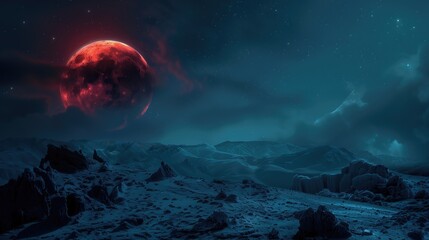 Fototapeta na wymiar Illustration of Lunar eclipse of red moon over the mountains in a fantasy world