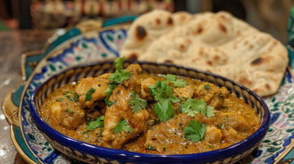 Traditional pakistani chicken curry with naan bread