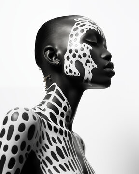Art or fashion photo in black and white of a black young African woman with bodypainting