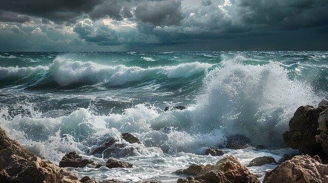 A stormy sea with tumultuous waves crashing against the rocks under a brooding sky, depicting turmoil and the overwhelming power of nature as a metaphor for emotional upheaval.