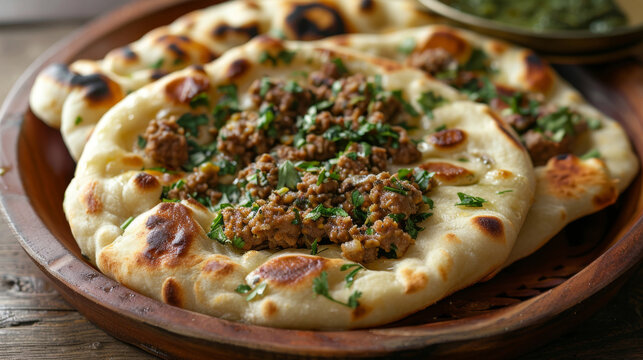 Traditional pakistani keema naan on wooden platter