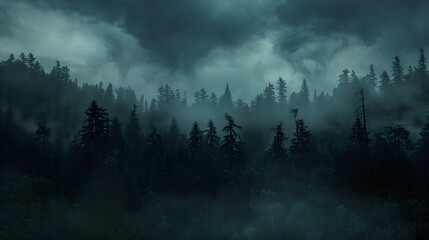 A thick, dark forest just before a storm, with dark clouds overhead casting the entire forest in a...
