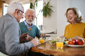 Group of happy mature friends talking while having a meal at dining table.	