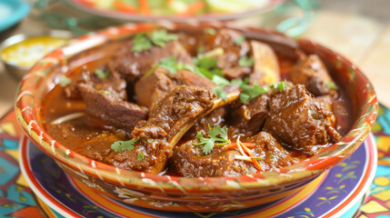 Authentic nihari stew, a classic pakistani cuisine dish served in a vibrant bowl - obrazy, fototapety, plakaty