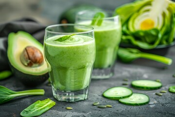 Cucumber and pak choy added to avocado smoothies in a glass