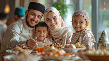 The happy Muslim family in traditional clothes breaking their fast at the festive table for Eid Al Adha