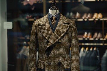 Custom made winter coat with suit brown tie and navy blue shirt displayed on a mannequin
