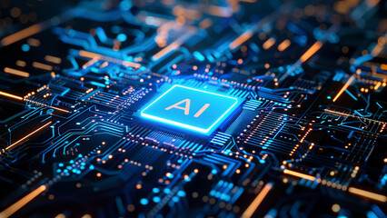 AI text on glowing chip on circuit board with blue and white neon color scheme. - obrazy, fototapety, plakaty