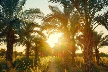 Date palm plantation Tropical agriculture in Middle East Sunrise panorama