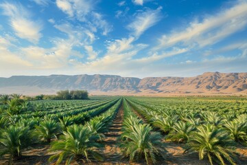 Date palms in panoramic view showcase modern agriculture in Middle East desert
