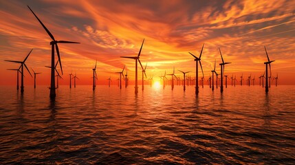 A vast offshore wind farm during sunset, with hundreds of wind turbines standing tall in the ocean, their blades turning gently in the wind, against the backdrop of a vibrant orange sky. - obrazy, fototapety, plakaty