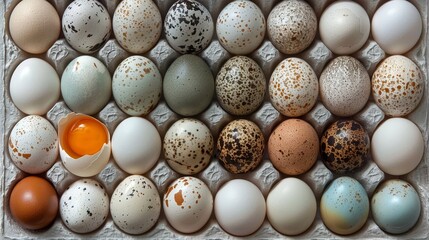   A carton holding speckled brown and white eggs, with one orange egg situated in the center - obrazy, fototapety, plakaty