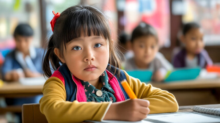 Little girl sitting at table with pen and paper in her hand.