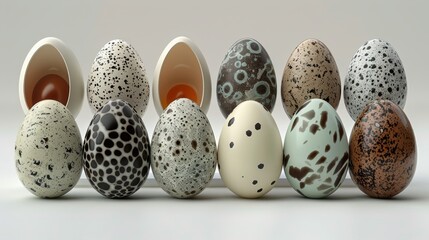   A row of differently colored eggs arranged on a pristine white surface, punctuated by small black specks - obrazy, fototapety, plakaty
