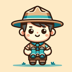 A cute cartoon boy scout in flat design style, holding binoculars