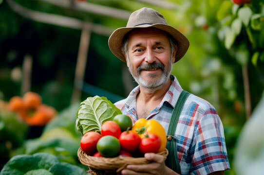 Man holding basket of vegetables in front of bushel of lettuce.