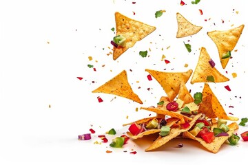 Delicious Mexican nacho chips falling on white background - Powered by Adobe