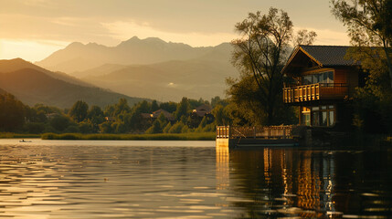 Fototapeta premium House by the lake with mountains in the background
